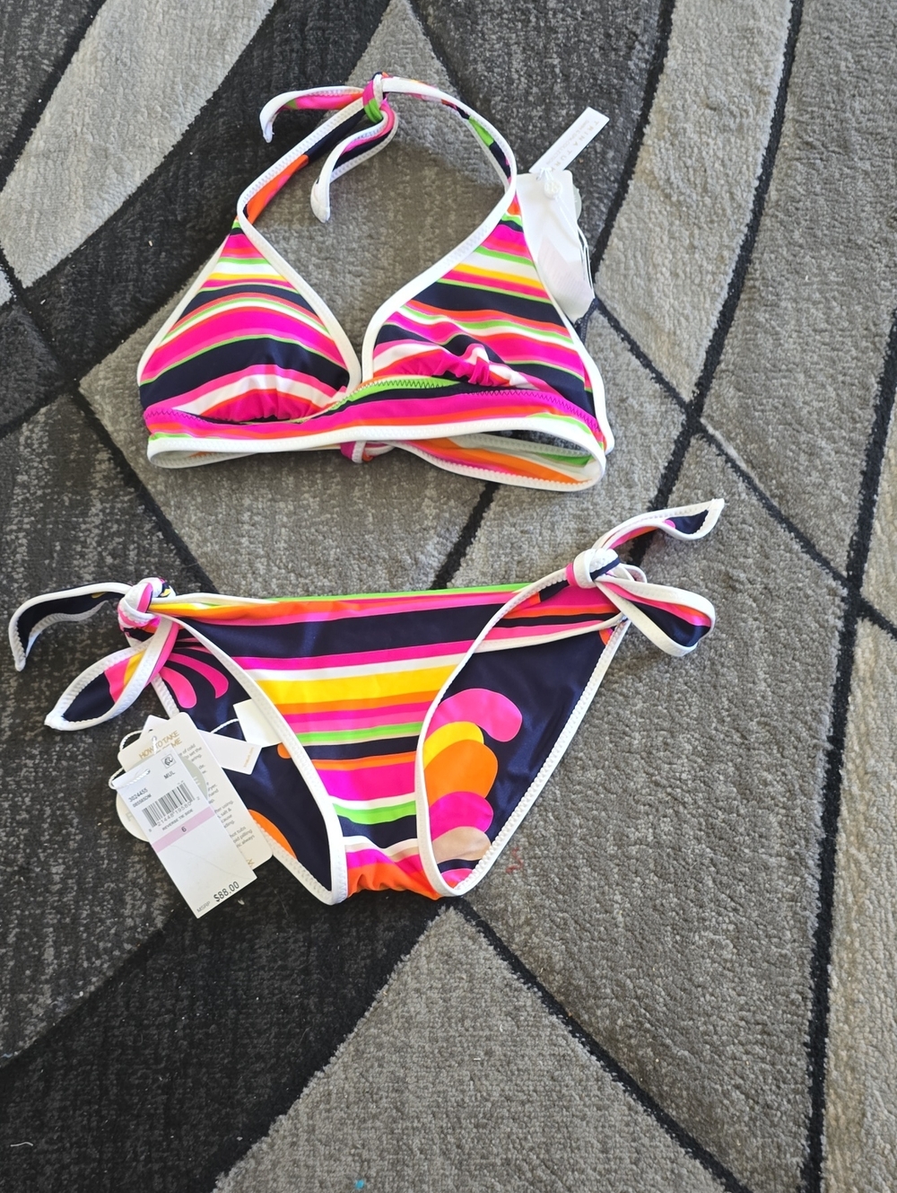 Trina Turk Neon Stripe Two-Piece Tie-Side Bikini Sz 6 Nwt